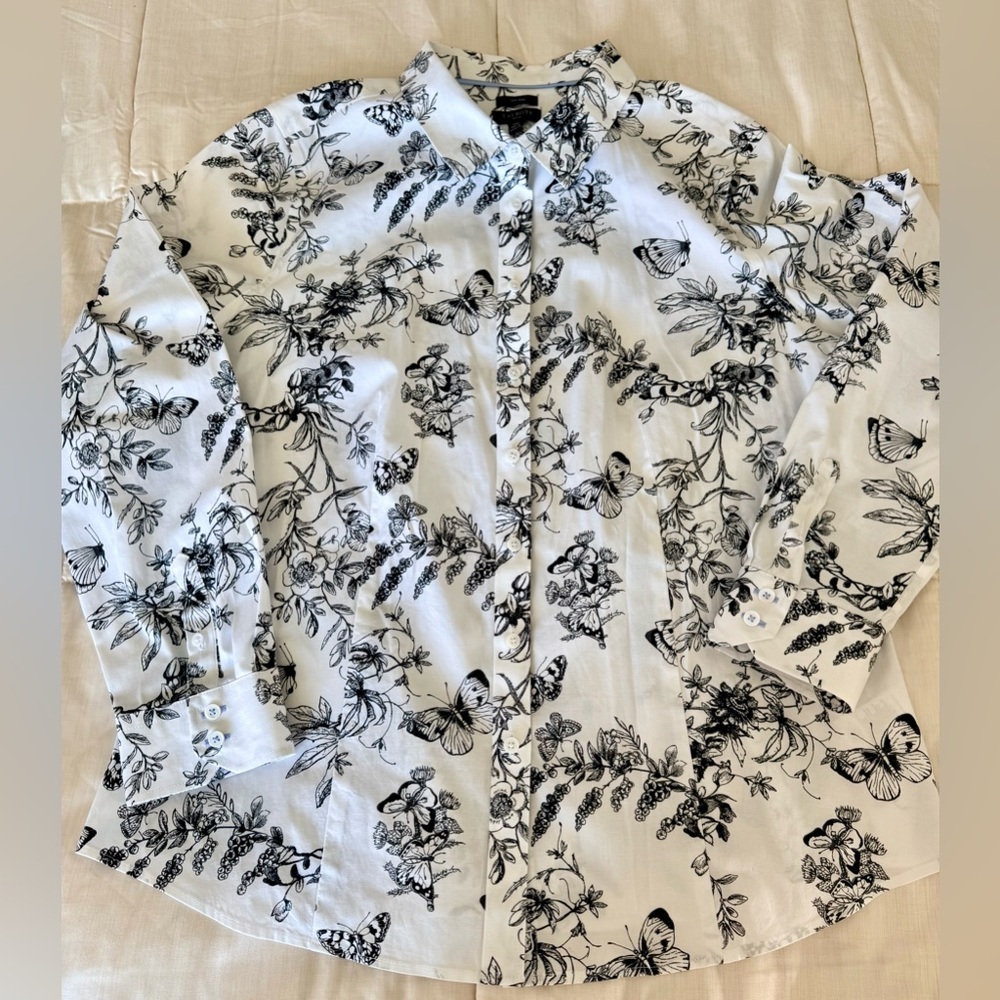 Women’s Talbots Classic Non-Iron Perfect Shirt Butterfly Toile White Black 14P